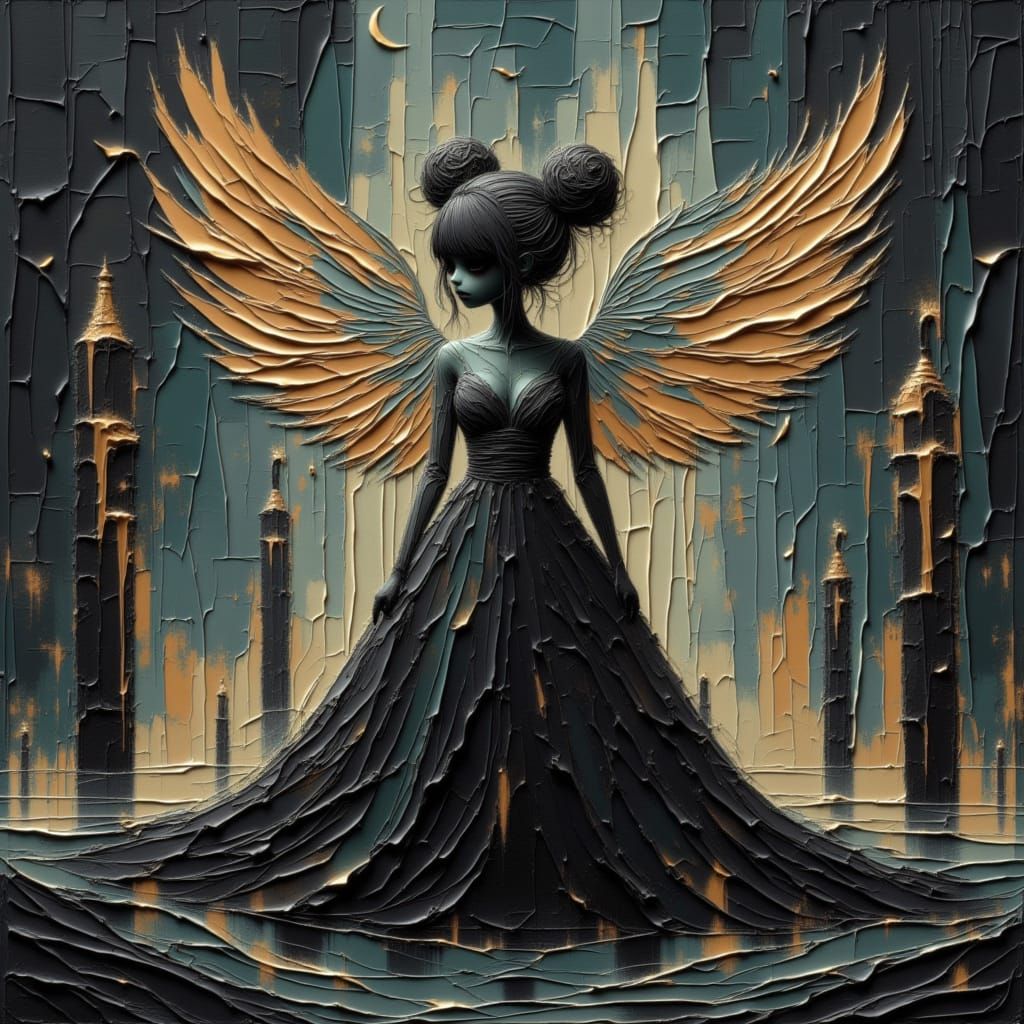 Dark Valkyrie with Flaming Sword in Surreal Landscape