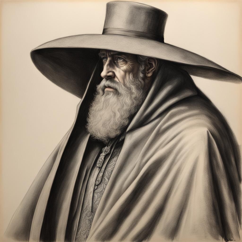 Hyperdetailed Charcoal Drawing of Cloaked Figure