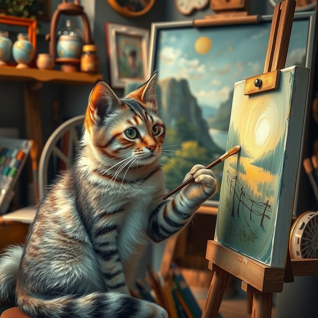 Cat Artist at Work in Cozy Studio