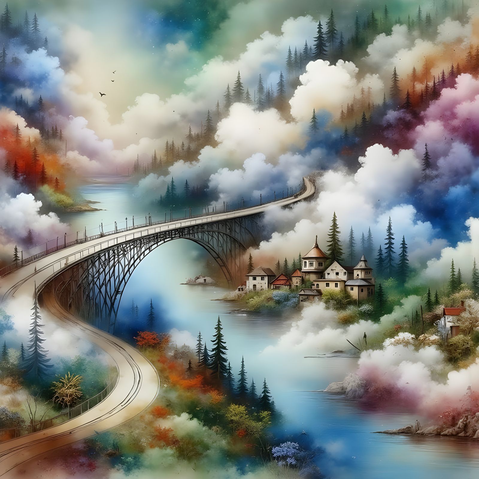 Surreal Wrought Iron Bridge Emerges from Clouds in Vibrant C...