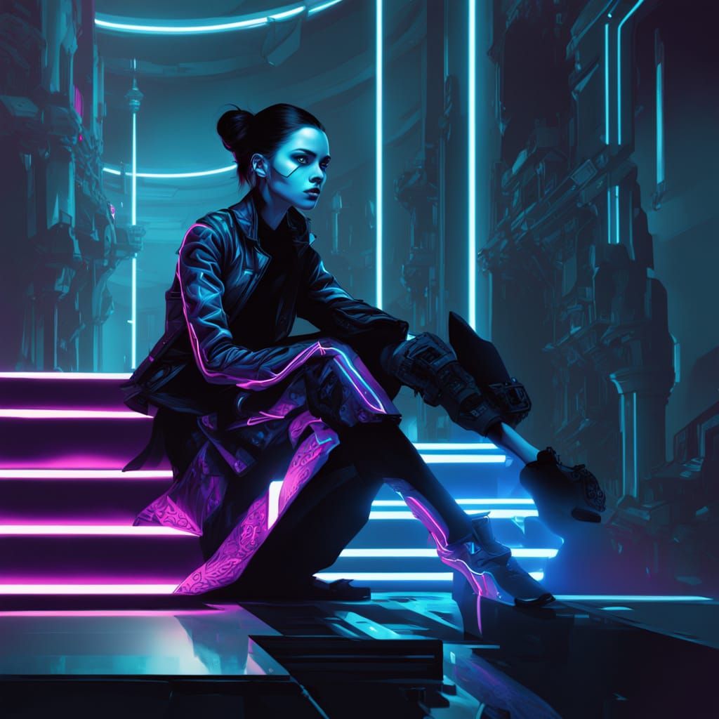 Goth Fashion Model Illuminated by Electric Blue Neon