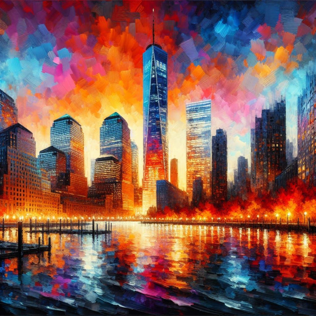 Autumn Sunset Over Modern City in Impasto Style