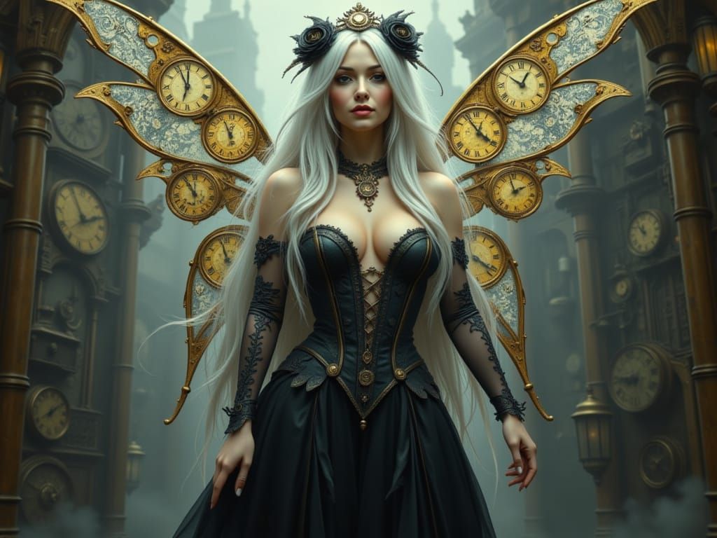Clockwork Fairy with Golden Wings in Steampunk Town