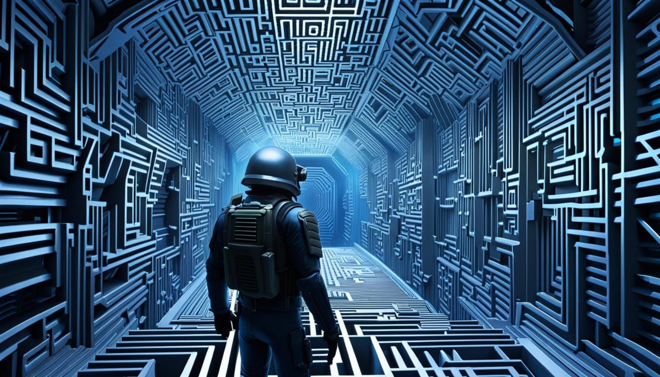 Starship Trooper Trapped in Surreal 3D Labyrinth