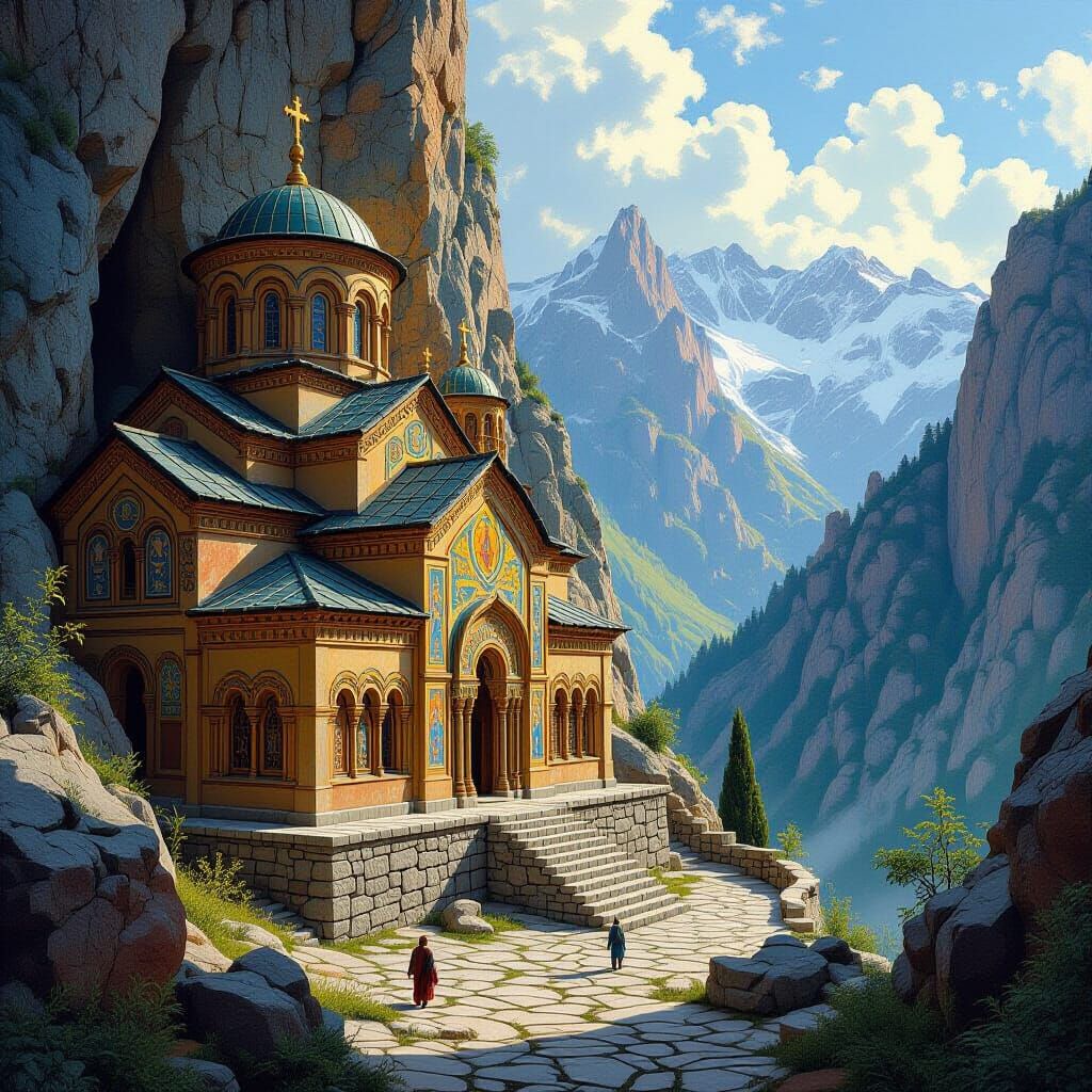 Ancient Monastery in Rugged Mountains, Shishkin Style