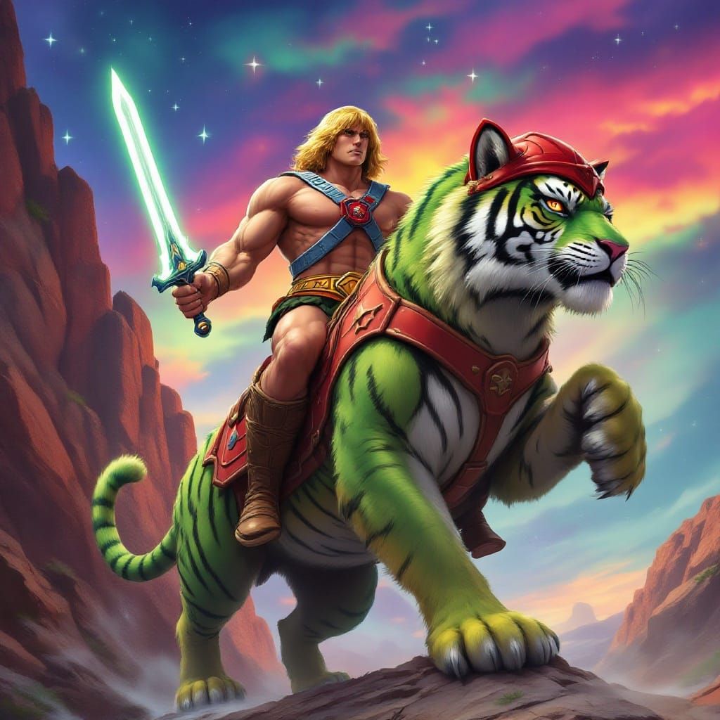 He-Man Rides Battle Cat in Epic Fantasy Landscape