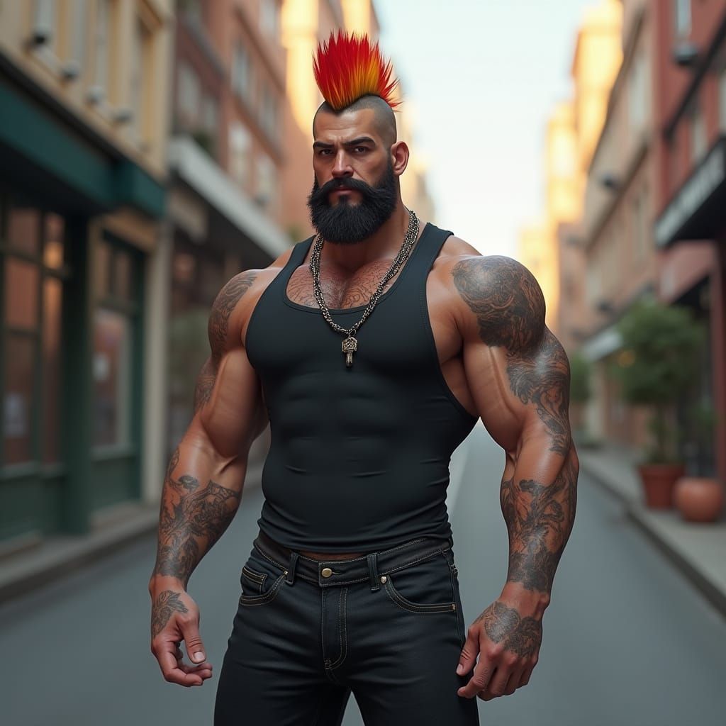 Muscular Jock with Mohawk in Street, Game Cinematic Style
