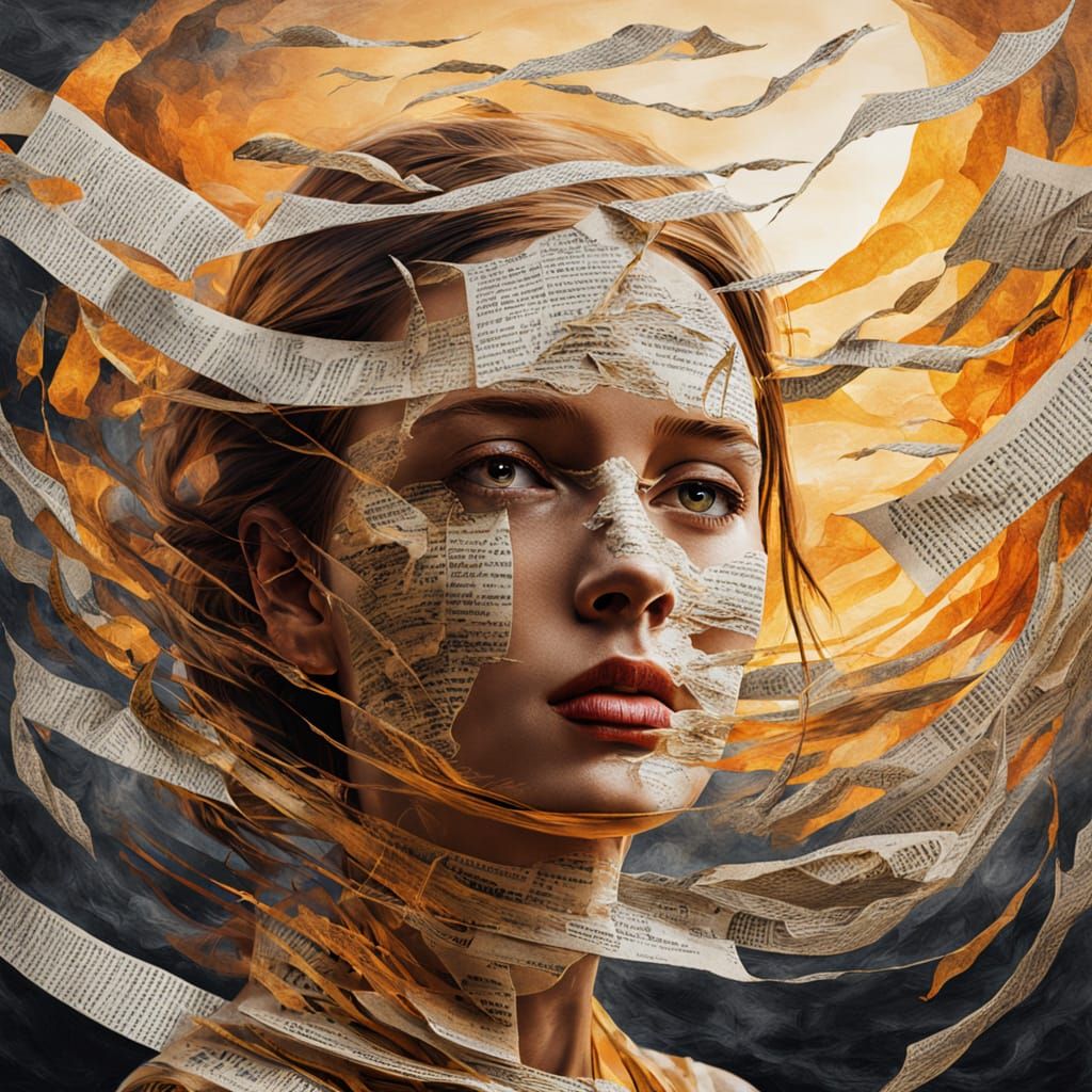 Surreal Newspaper Woman in Oil Painting Style