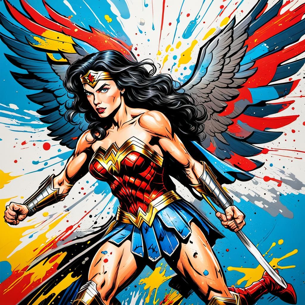 Wonder Woman Rides Eagle in Comic Book Style