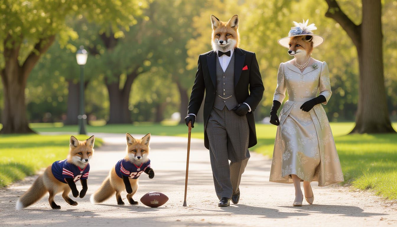 Fox Family in Football Uniforms in Sunny Park