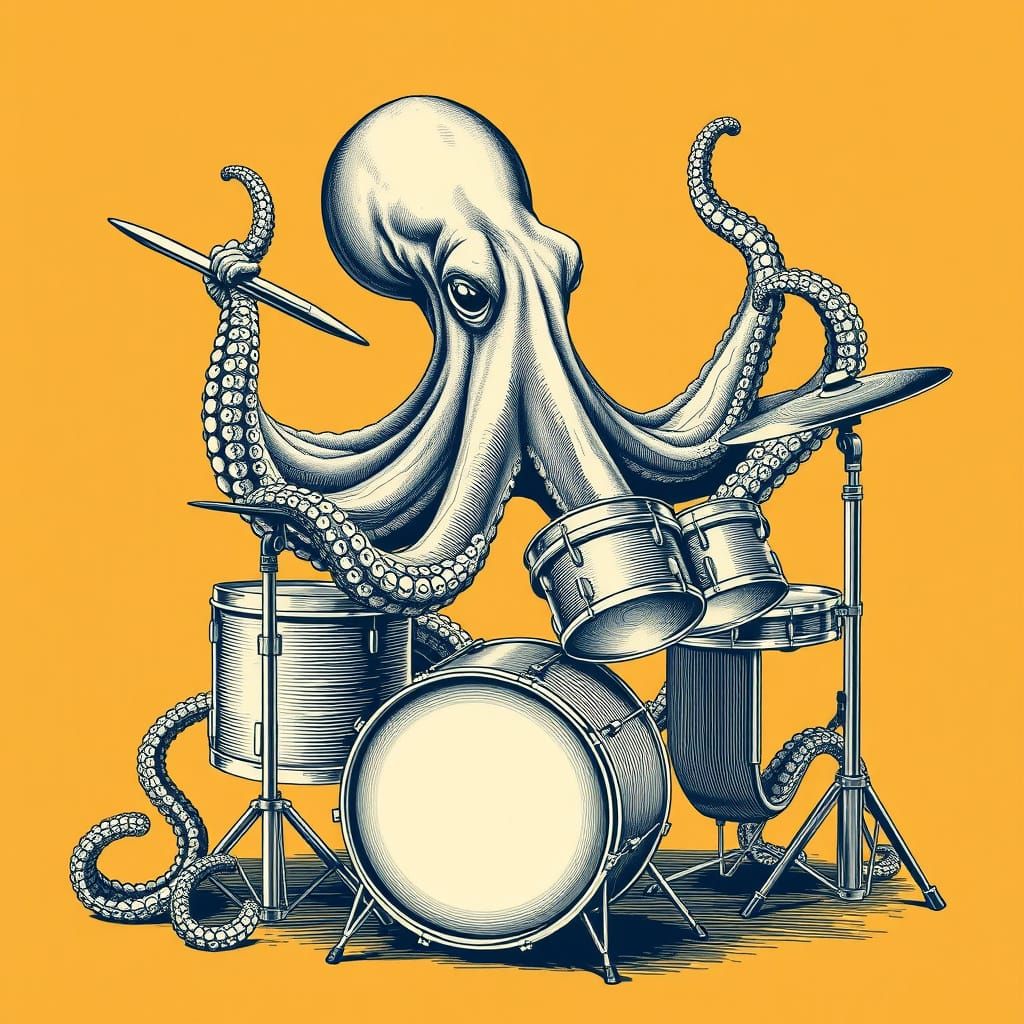 Octopus Drummer in Vintage-Style Monochromatic Illustration