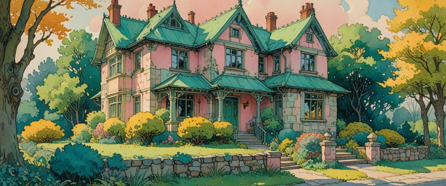 Whimsical Edwardian House in Comic Book Style