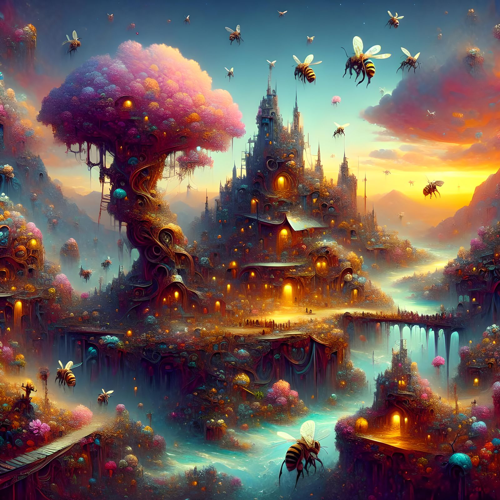 Fantasy Matte Painting of a Cheerful Bee World