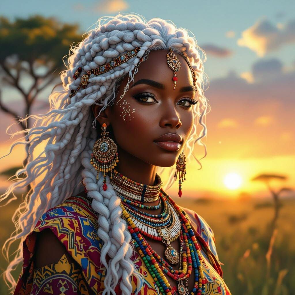 Regal African Goddess in Sun-Dappled Savanna