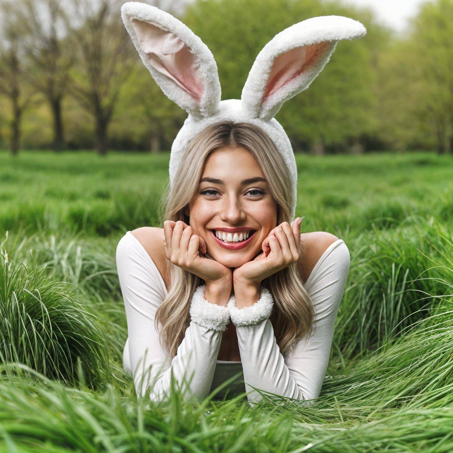 Woman in Bunny Costume Laughing in Meadow