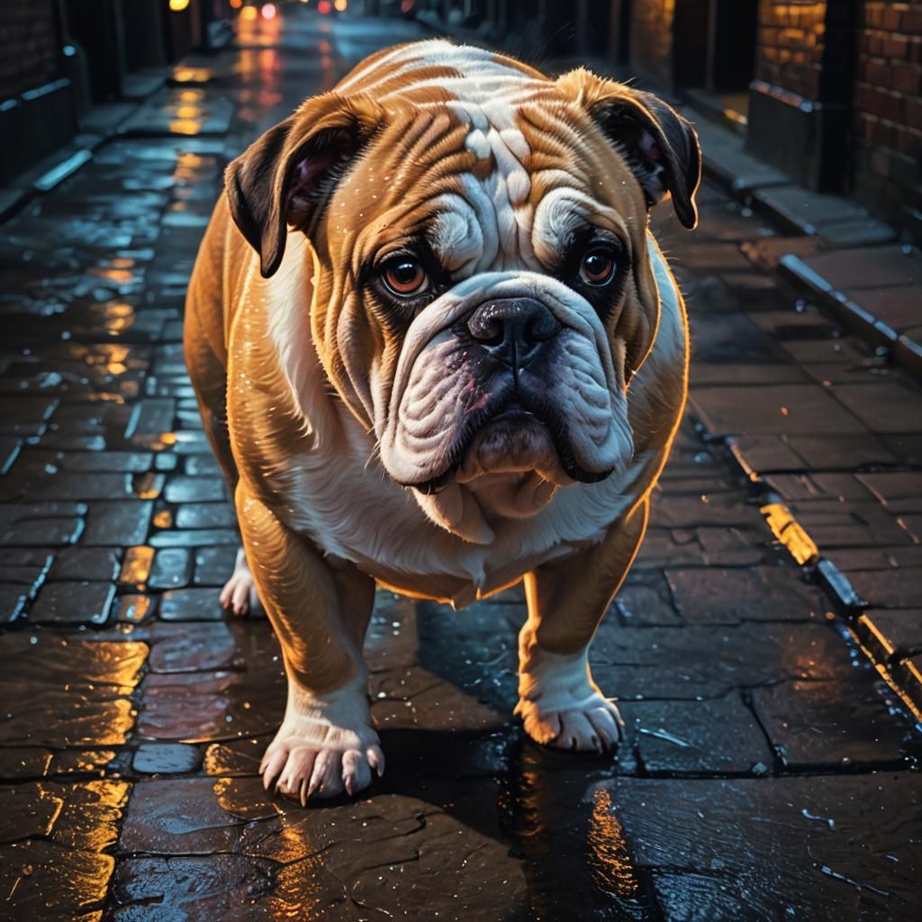 Neon Bulldog in Urban Alleyway: Digital Oil Painting