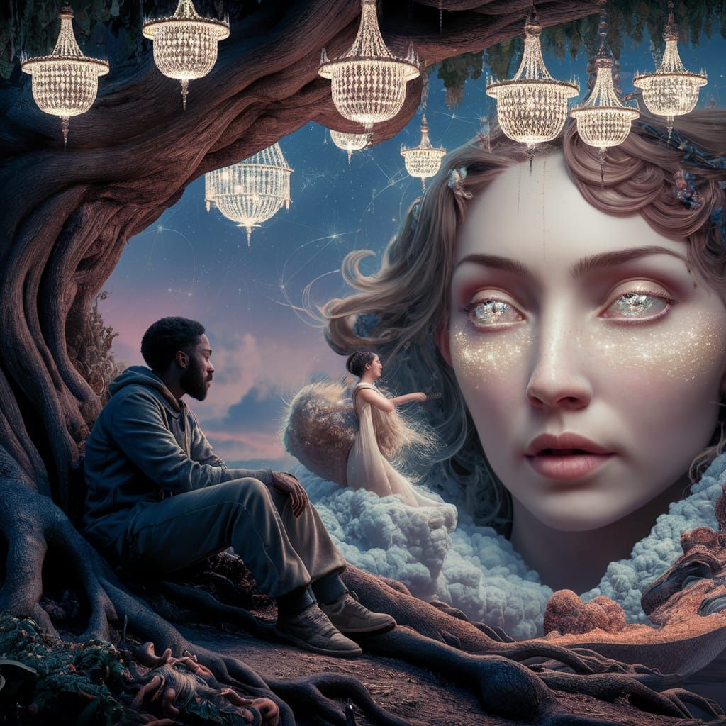 Fantasy Scene: Man, Woman, and Firefly Eyes