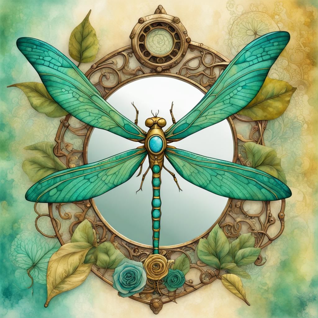 Steampunk Dragonfly with Art Nouveau Floral Design