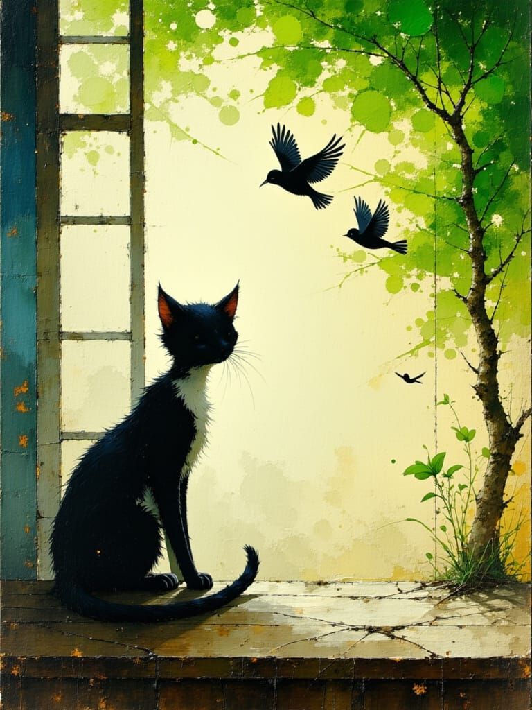 Whimsical Cat Watches Birds on a Sunny Day Painting