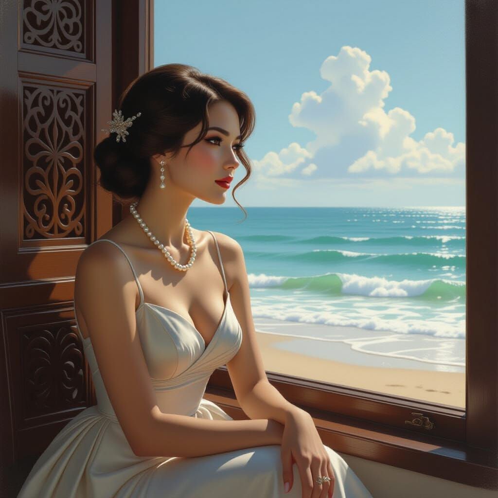 Photorealistic Woman Gazes Boredly At Serene Sea View