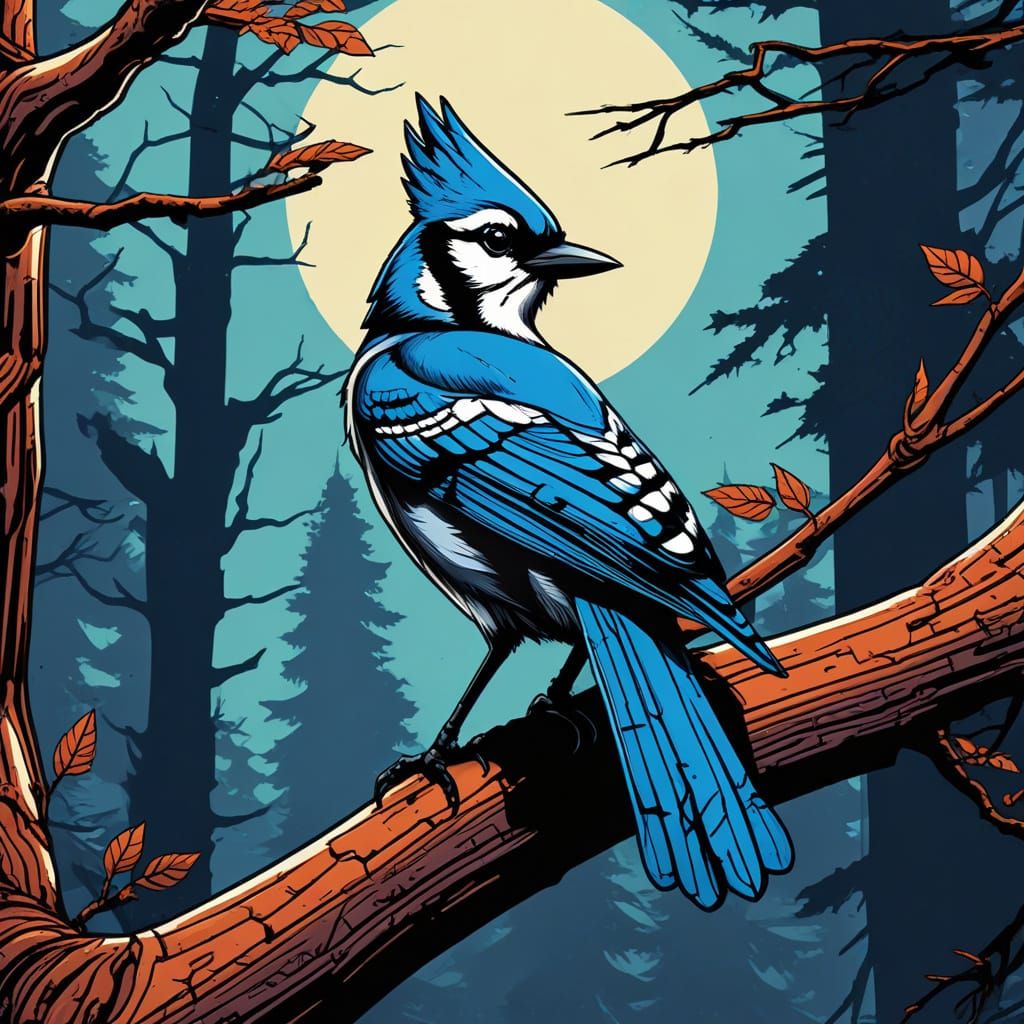 Bold Bluejay Perched on Branch in Retro Comic Book Style