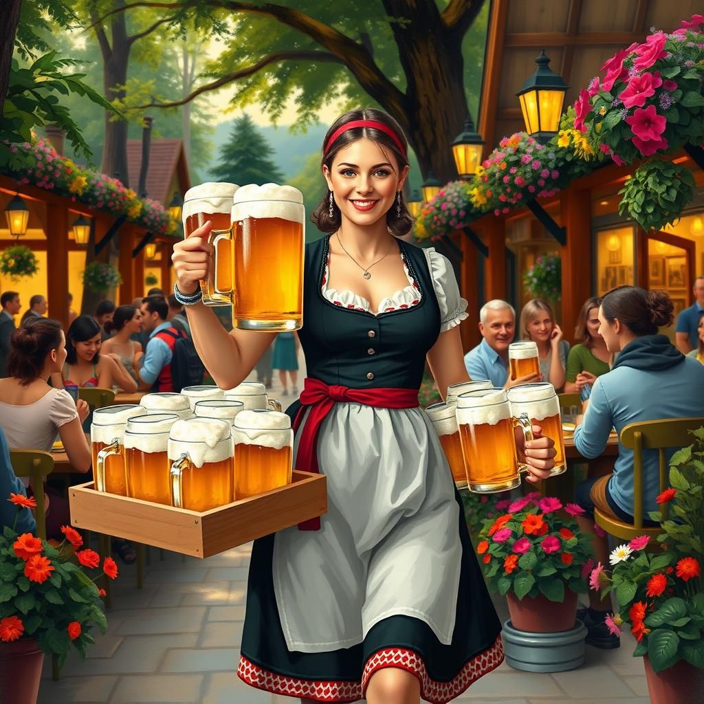 Bavarian Waitress in Beer Garden as Expressive Art