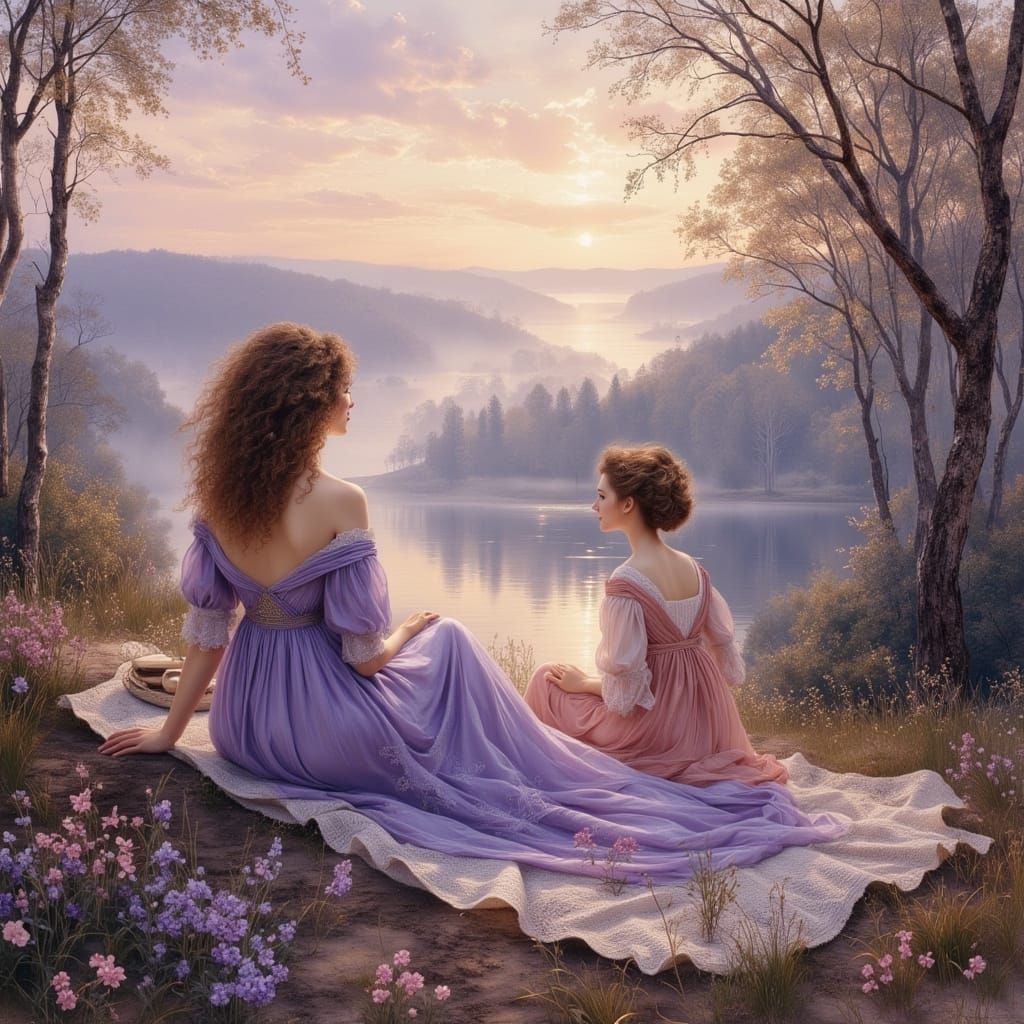 Women in Vintage Gowns on Riverbank at Dusk