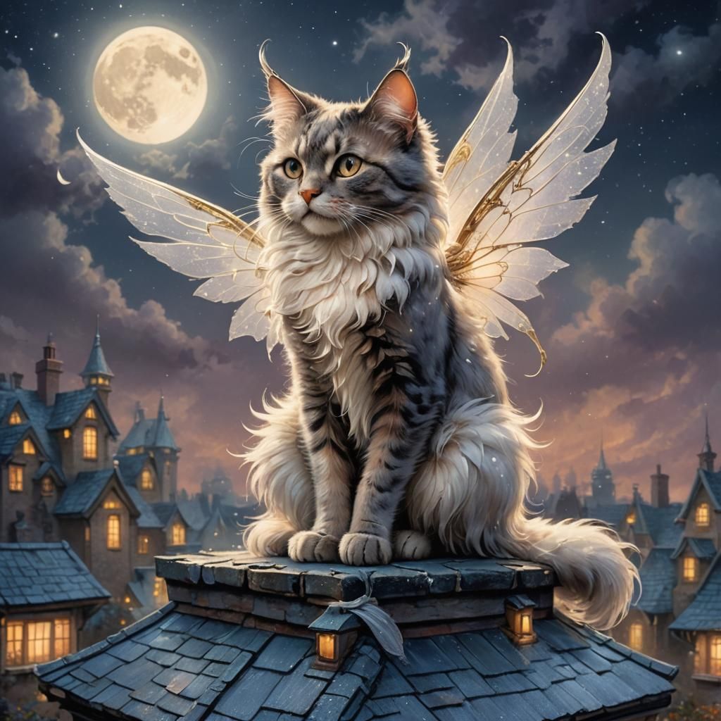 Fantasy Cat with Fairy Wings in Ethereal Moonlight