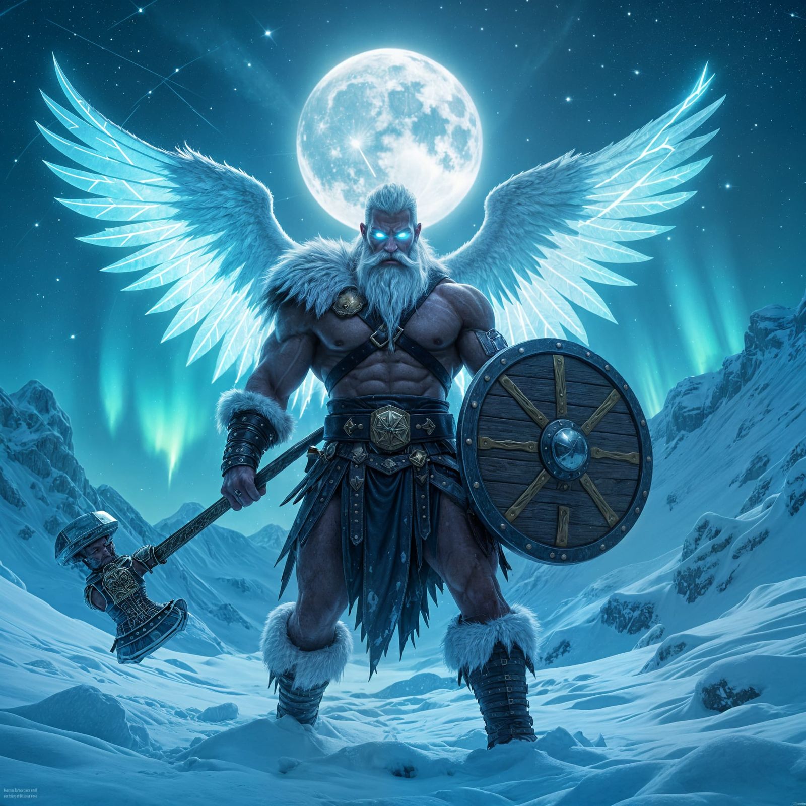 Aasimar Barbarian in Aurora Borealis Landscape