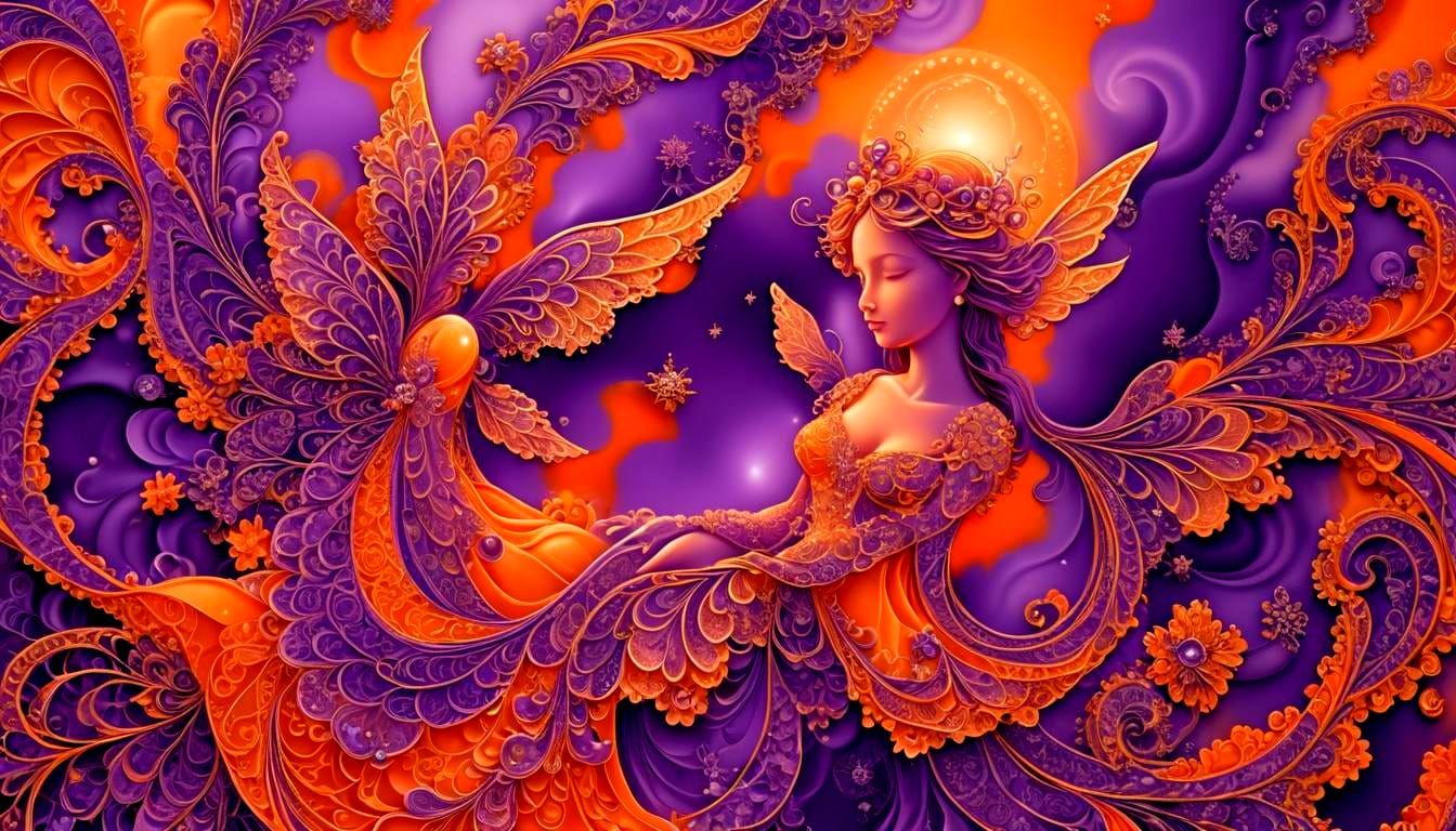 Glowing Purple Angel on Orange Background