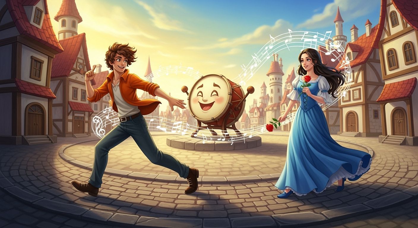 Whimsical Couple and Drum in Colorful Town Square