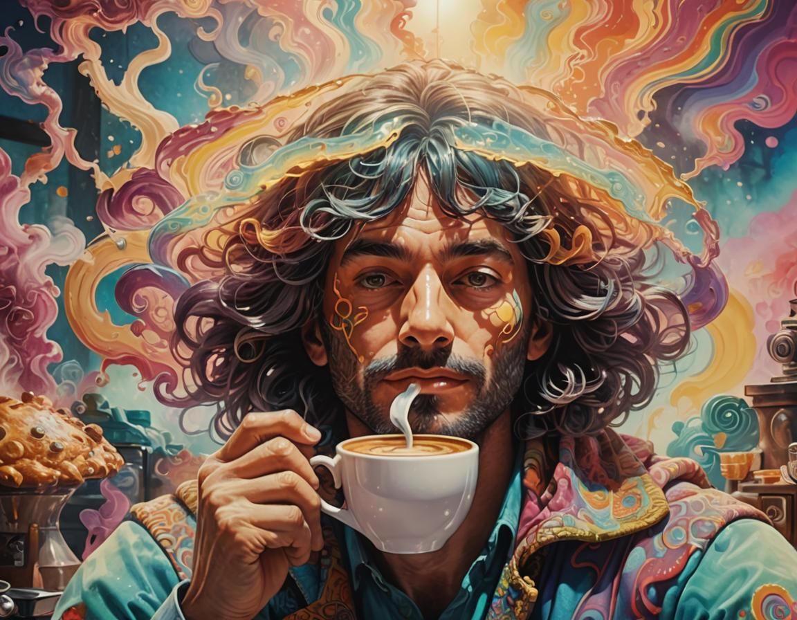 Psychedelic Masked Man Sipping Coffee in Morning Light