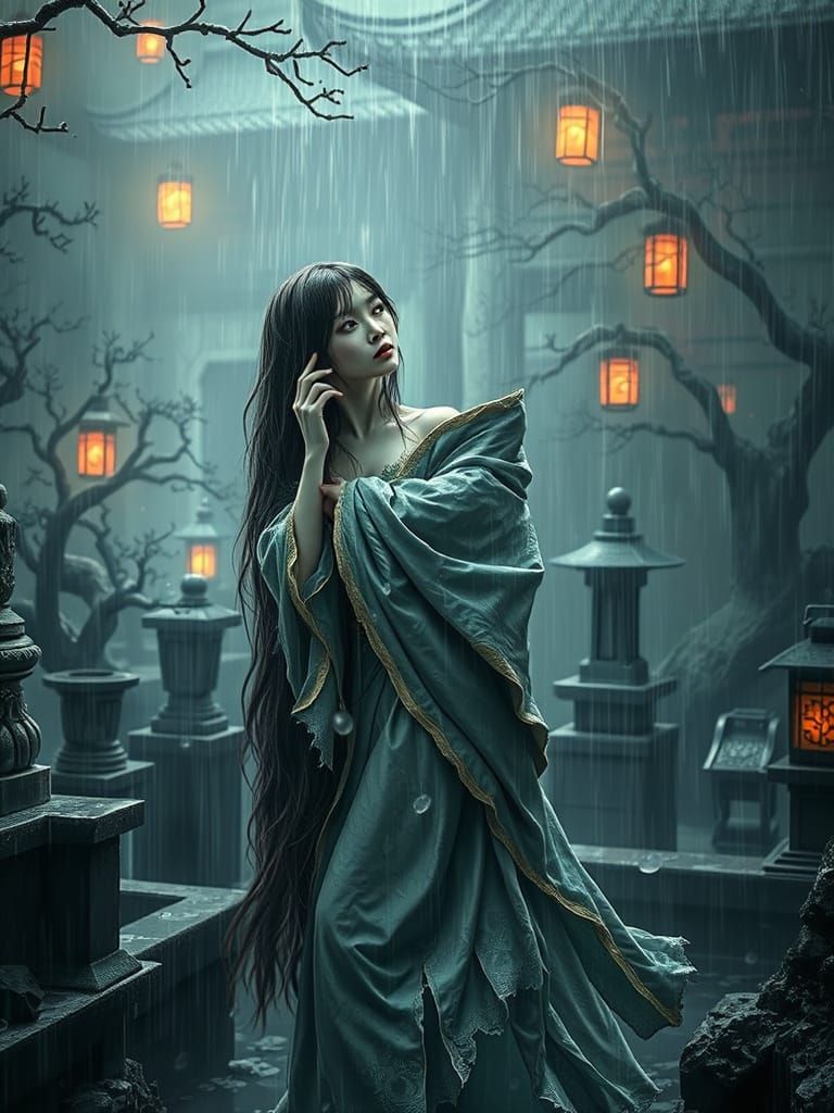 Enchanted Fairy in Rainy Japanese Garden