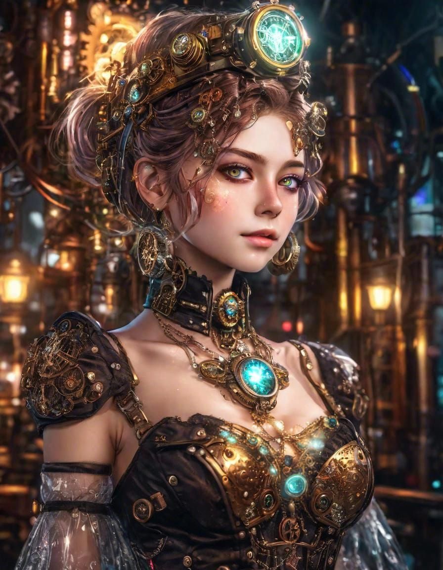 Steampunk Lady with Luminous Jewelry in Anime Style