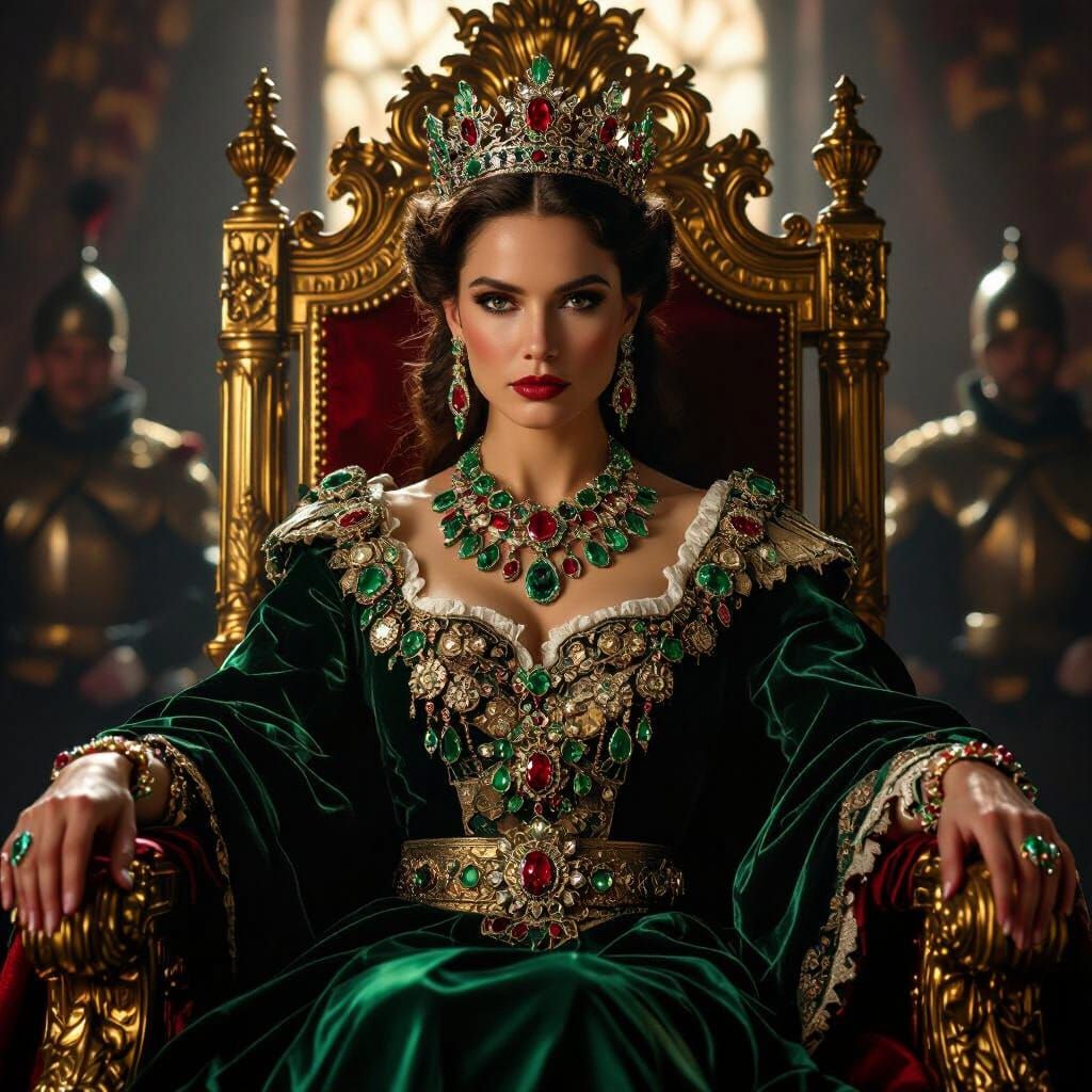 Queen on Ornate Golden Throne with Regal Jewelry
