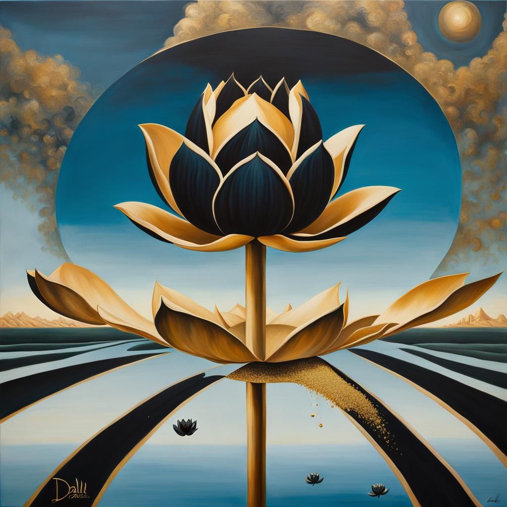 Black Lotus Flower Radiating Hope, Surrealist Style