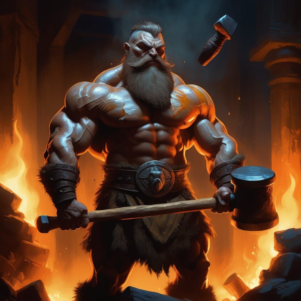 Young Dwarf Smith in Fiery Workshop