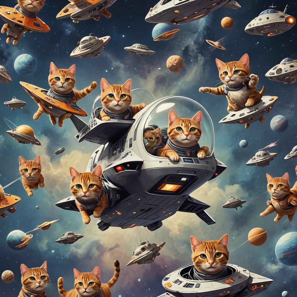 Anthropomorphic Cats Piloting a Spaceship