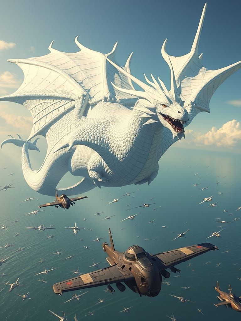 Majestic White Dragon Soaring Over Solent, Futuristic Chase