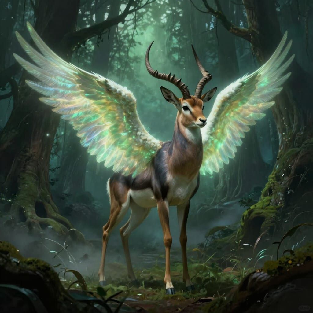 Ethereal Winged Gazelle in Mystical Forest