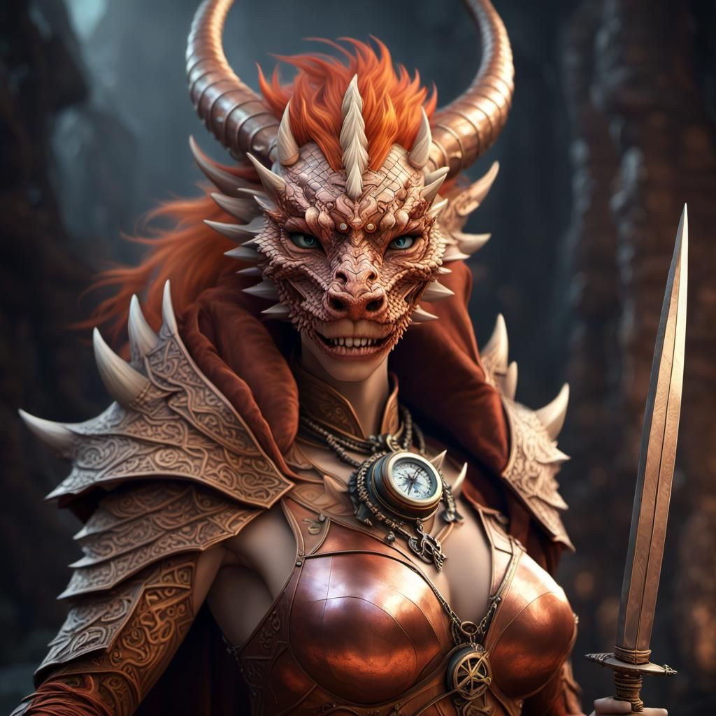 Dragon-like Humanoid with Sword in Fantasy Art