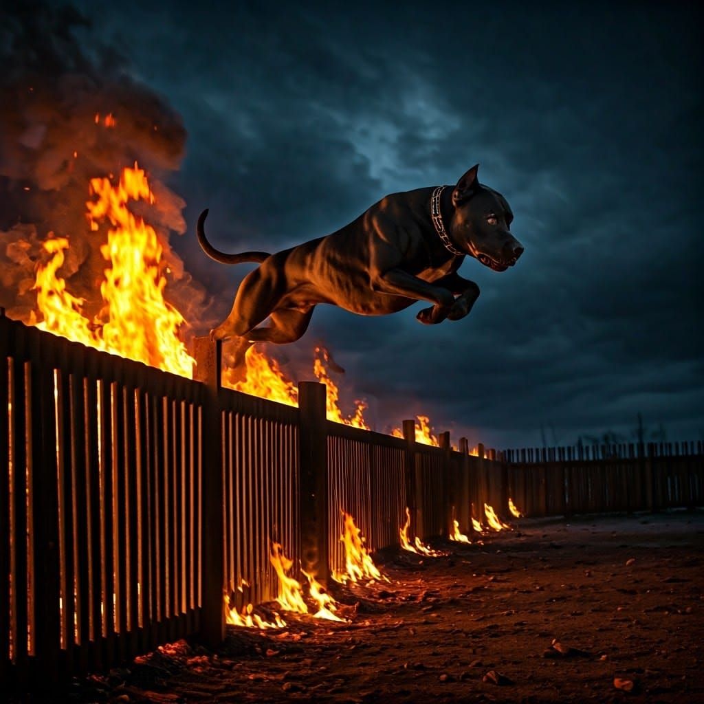 Dramatic Black Dog Leaps Over Fiery Fence