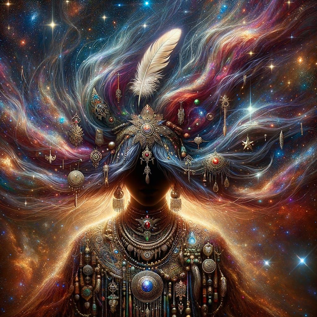 Cosmic Shamaness with Colorful Hair Amidst Constellations