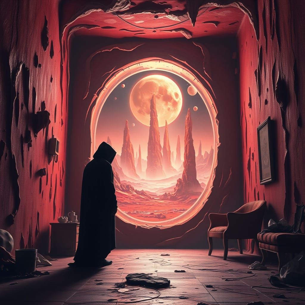 Surreal Figure on a Haunting Red Planet in Futuristic Style