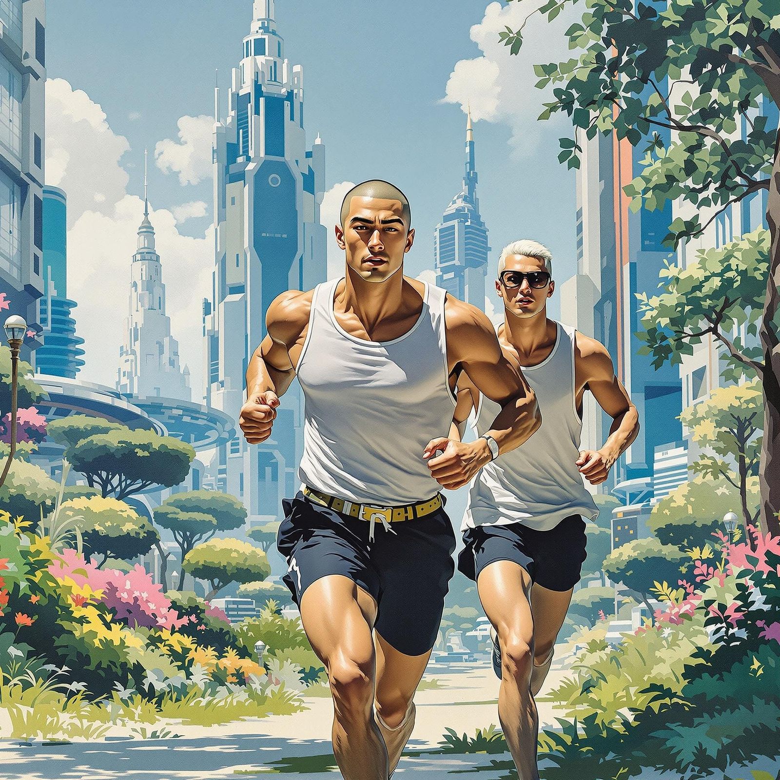 Hyperrealistic Athletes Run Through Futuristic City Park