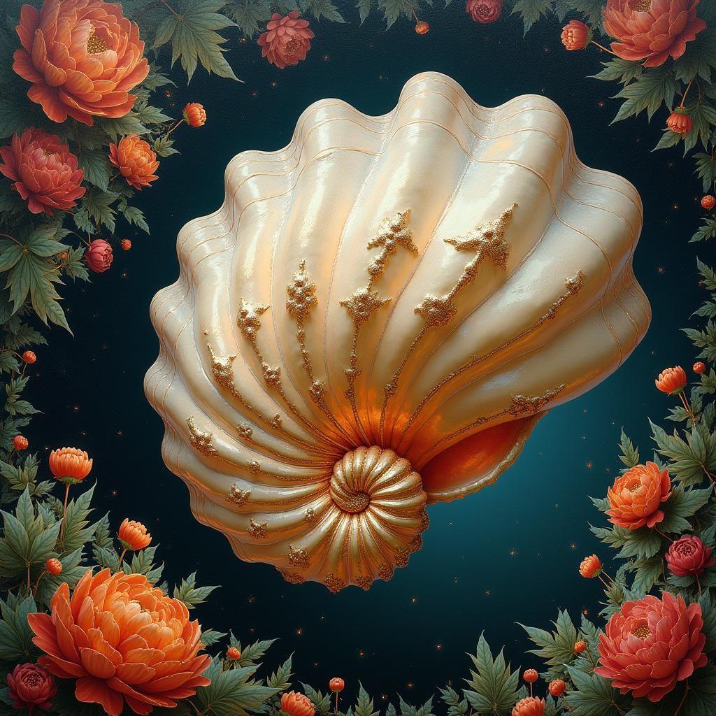 Shimmering Shell Surrounded by Art Nouveau Flowers