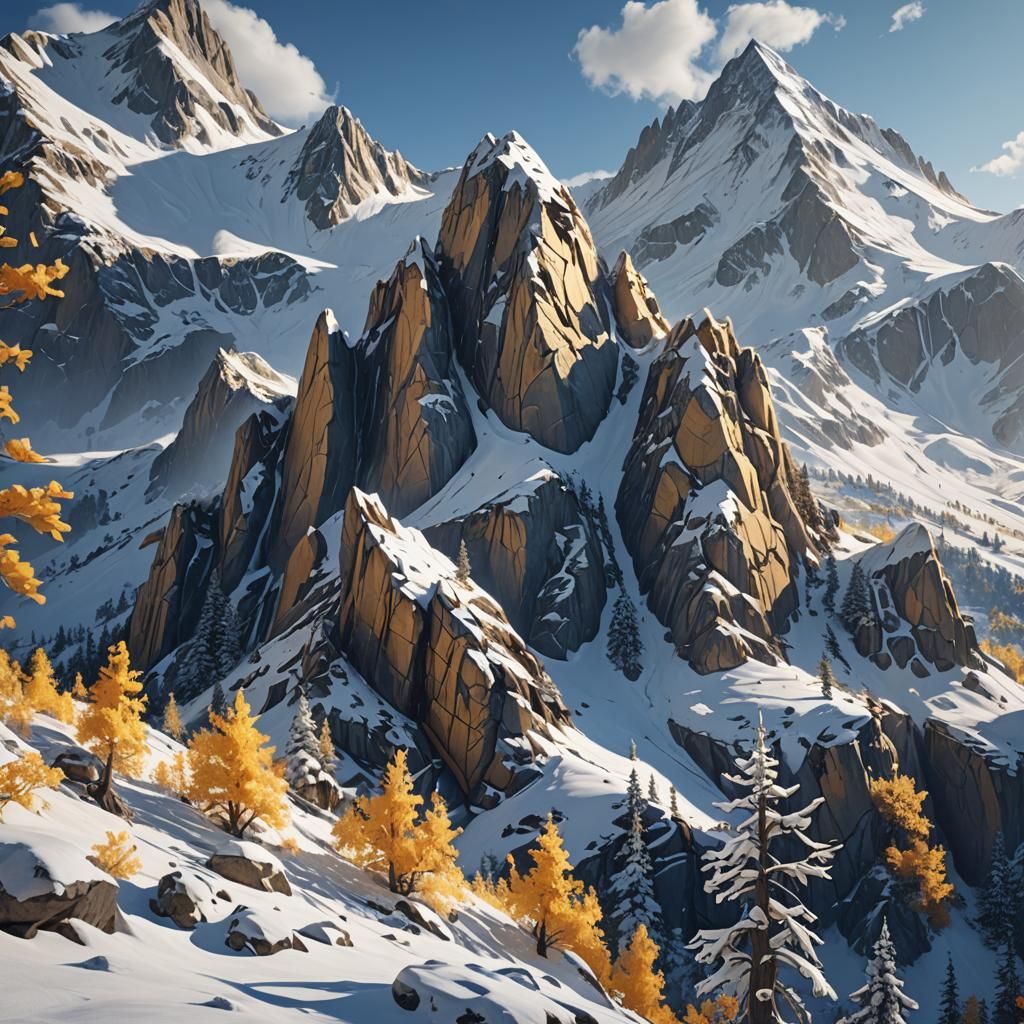 Snowy Mountain Peak Concept Art in Cobalt and Gold