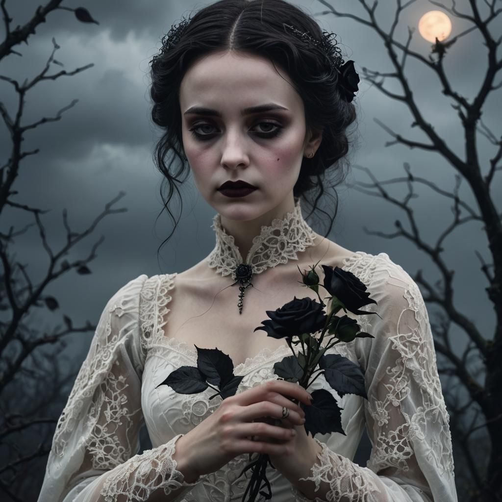 beautiful goth woman wearing all white smelling a black rose with thorns, intricate detail