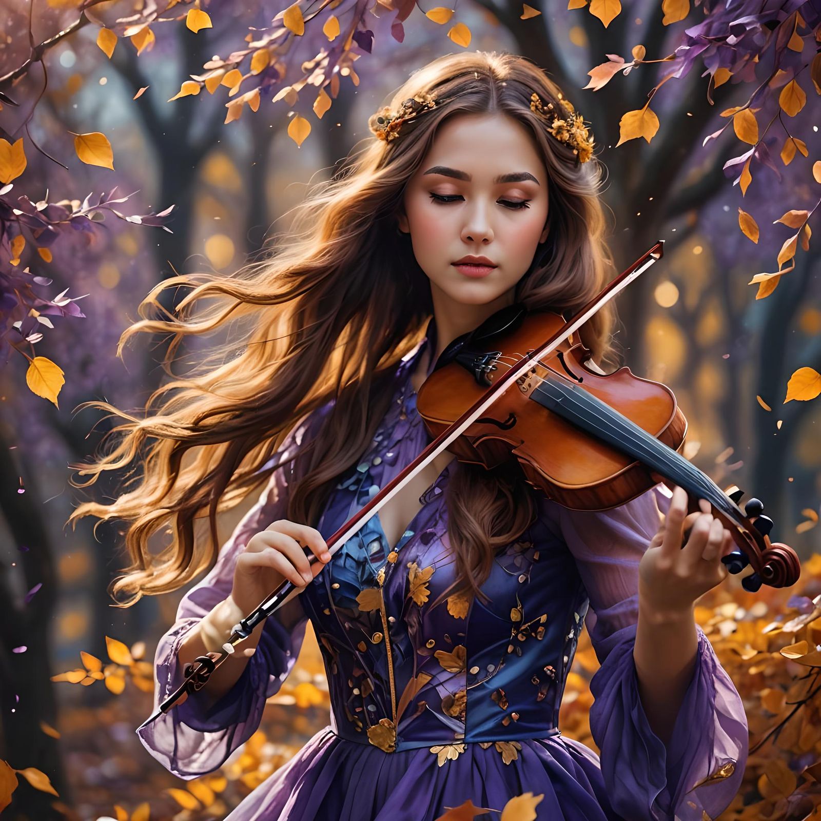 Woman Plays Violin Amidst Autumn Leaves