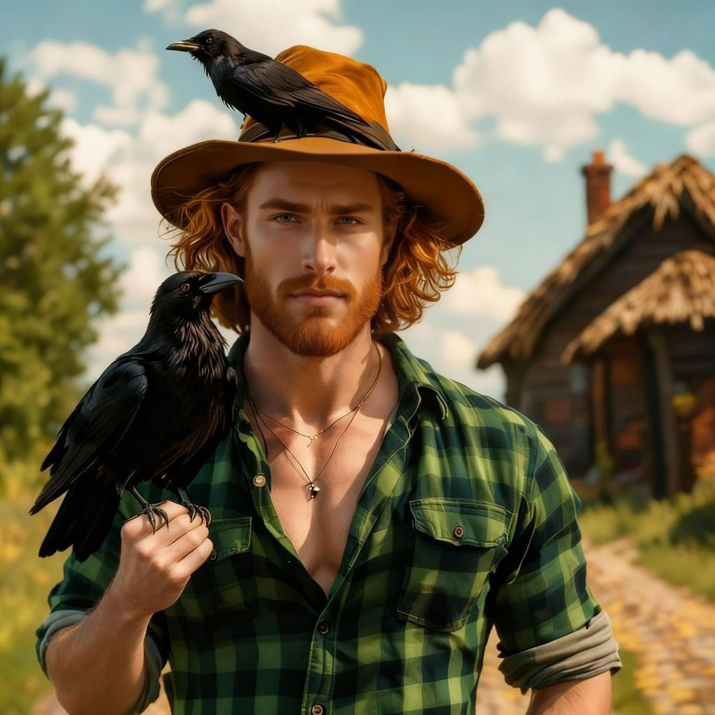 Handsome Man in Witch Hat with Crow on Yellow Brick Road